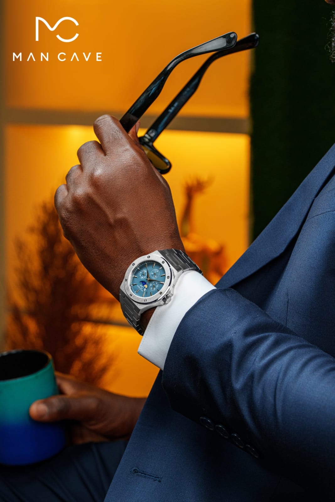 A man wearing the Man Cave Signature Moonphase