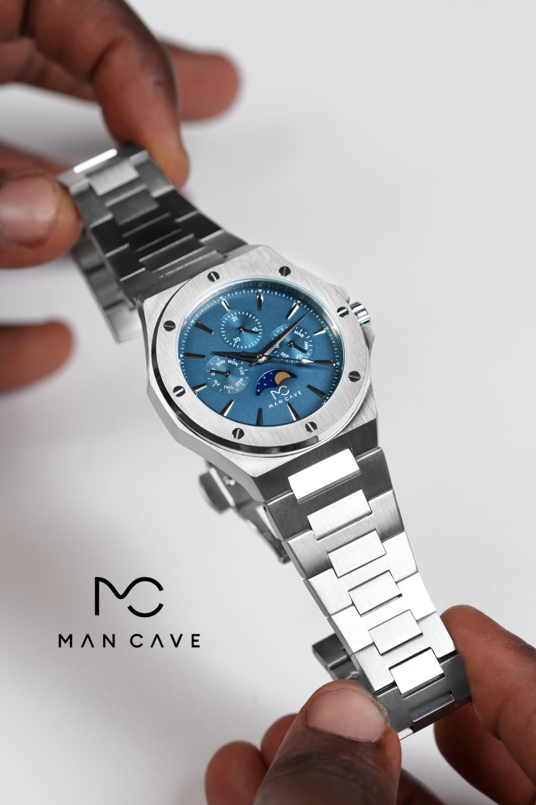 Close-up of the Signature Moonphase ice-blue dial